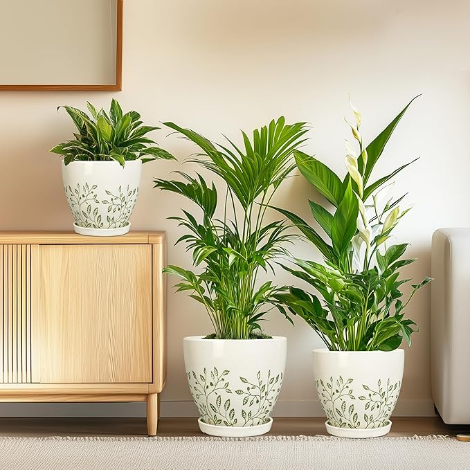 Ceramic Pots for Indoor Plants - 10+8+6 Inch Planters with Drainage Holes and Saucers, Decorative Boho Round Indoor Planters Pots, Room Decor, Gifts for Plant Lovers, Set of 3, White