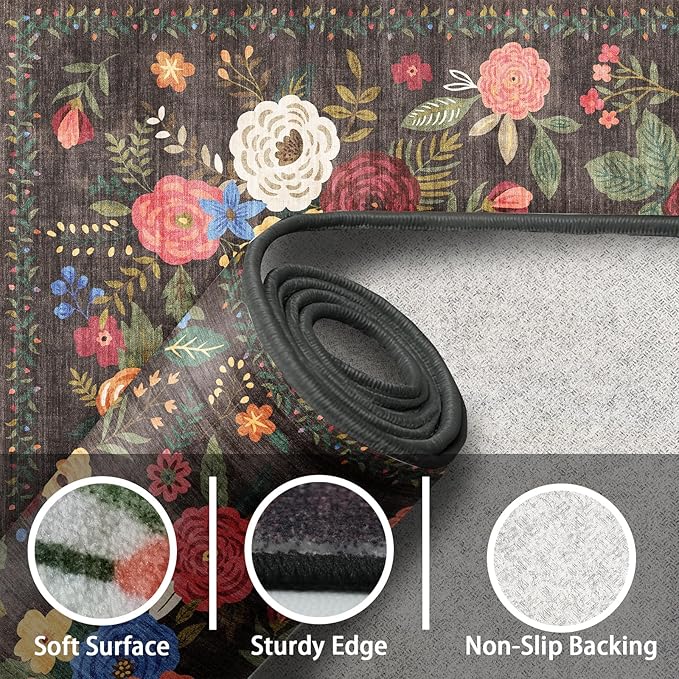 Black Washable Area Rug 8x10, Large Soft Rugs for Living Room Floral Black Carpet 8x10 Area Rugs for Bedroom Dining Room Non-Slip Stain Resistant Under Table Rug (8 x 10, Black Lawn)