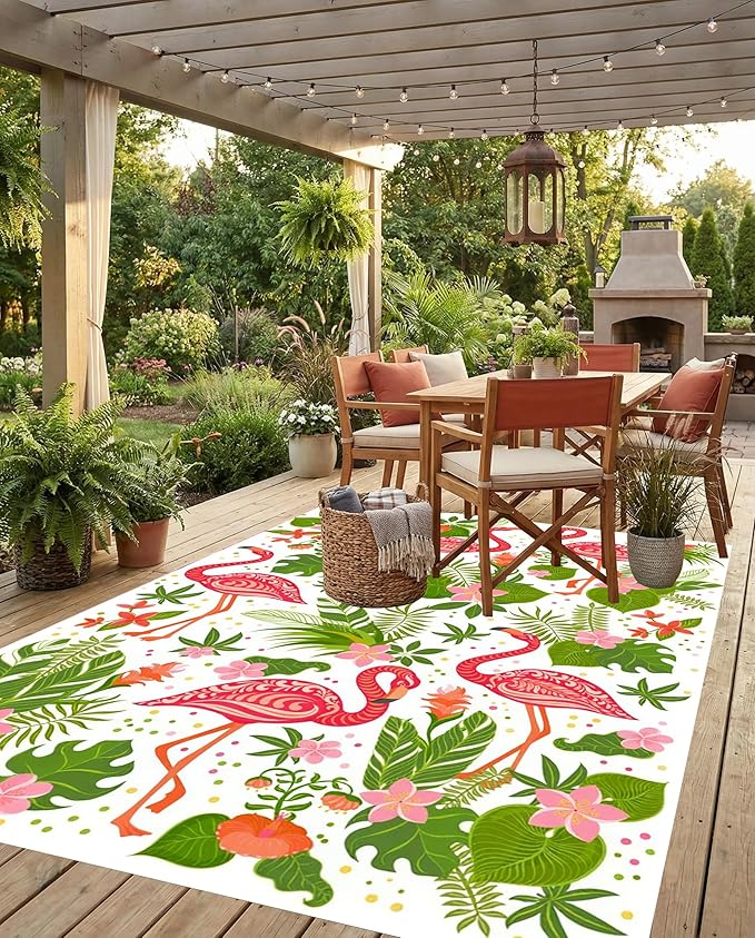 4x6 Pink Green Modern Floral Tropical Outdoor Patio Rug Waterproof Washable Non-Slip Outside Rugs for Balcony Porch Deck Garden Durable Reversible Mat with Flamingo and Flower Pattern