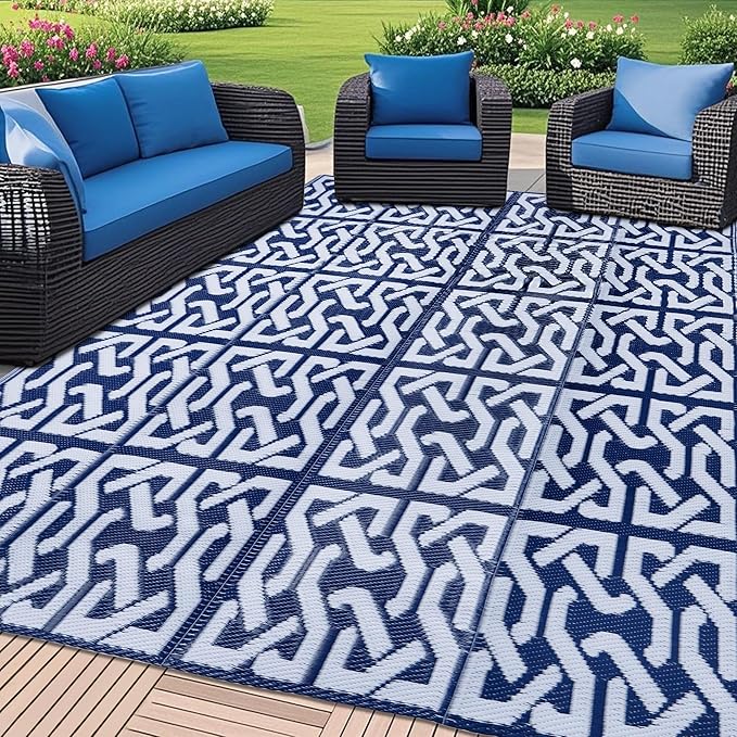 SAND MINE Reversible Mats, Plastic Straw Rug, Modern Area Rug, Large Floor Mat Rug for Outdoors, RV, Patio, Backyard, Deck, Picnic, Beach, Trailer, Camping, Dark Blue & White, 5' x 8'