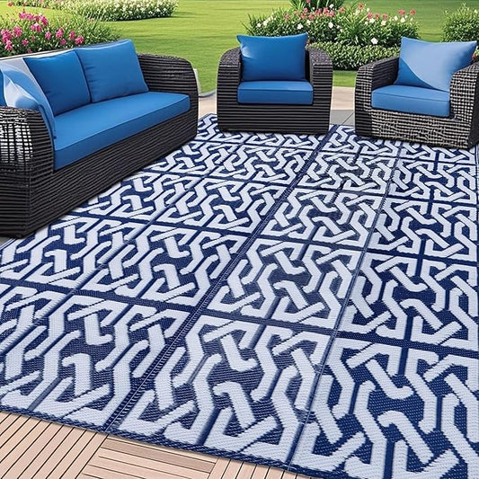SAND MINE Reversible Mats, Plastic Straw Rug, Modern Area Rug, Large Floor Mat Rug for Outdoors, RV, Patio, Backyard, Deck, Picnic, Beach, Trailer, Camping, Dark Blue & White, 5' x 8'