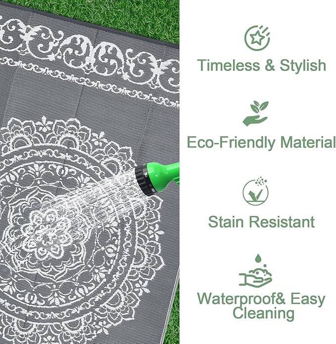 GAOMON Outdoor Patio Rug 8x10 Reversible Camping Mat, Stain-Resistant Plastic Straw Rug, Easy to Clean, Indoor Outdoor Carpet for Porch, Deck, Balcony, Beach, Garden, Grey/White(Medallion)