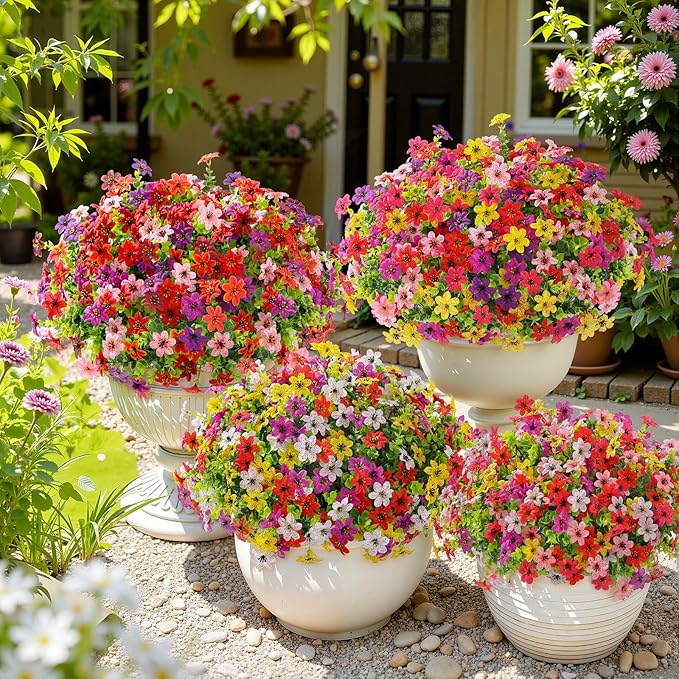 SHareconn 24 Bundles Artificial Flowers for Outdoors Spring Decoration, Fake Silk Realistic Faux Plants UV Resistant for Outside Planter Porch Patio Indoor Decor, RedRosePurpleYellowPinkDeeppurple