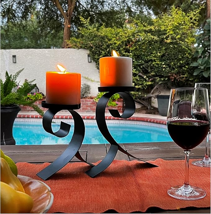 Lily’s Home Contemporary Scrollwork Pillar Candle Holders, Steel, Black Iron Candle Stands, Set of Two. Candles NOT Included