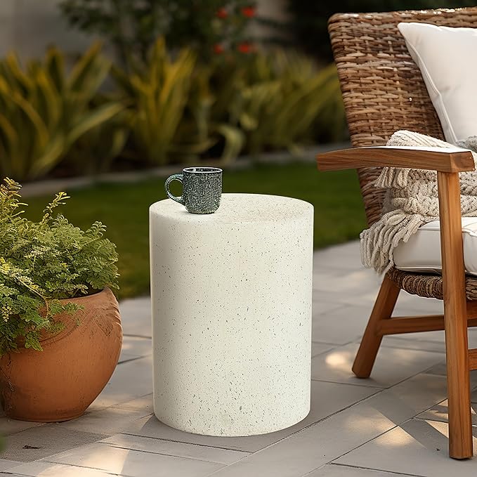 LuxenHome Cream with Speckled Gray Cement Round Indoor Outdoor Side and End Table (Set of 2)