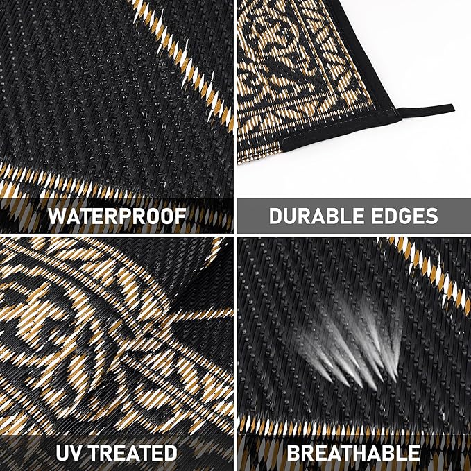HiiARug Outdoor Rug 8'x10' for Patios Waterproof Patio Rugs Outdoor Mats for Front Porch,Beach Mat,Reversible Plastic Straw Camping Rugs for Outside RV,Deck,Balcony,Backyard，Black&Beige
