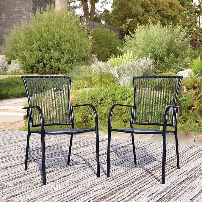 Patio Dining Chairs Set of 2, Black Stackable Outdoor Dining Chairs, Metal Mesh Patio Furniture Set for Garden Backyard Lawn Deck Support Over 300 lbs