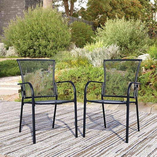 Patio Dining Chairs Set of 2, Black Stackable Outdoor Dining Chairs, Metal Mesh Patio Furniture Set for Garden Backyard Lawn Deck Support Over 300 lbs