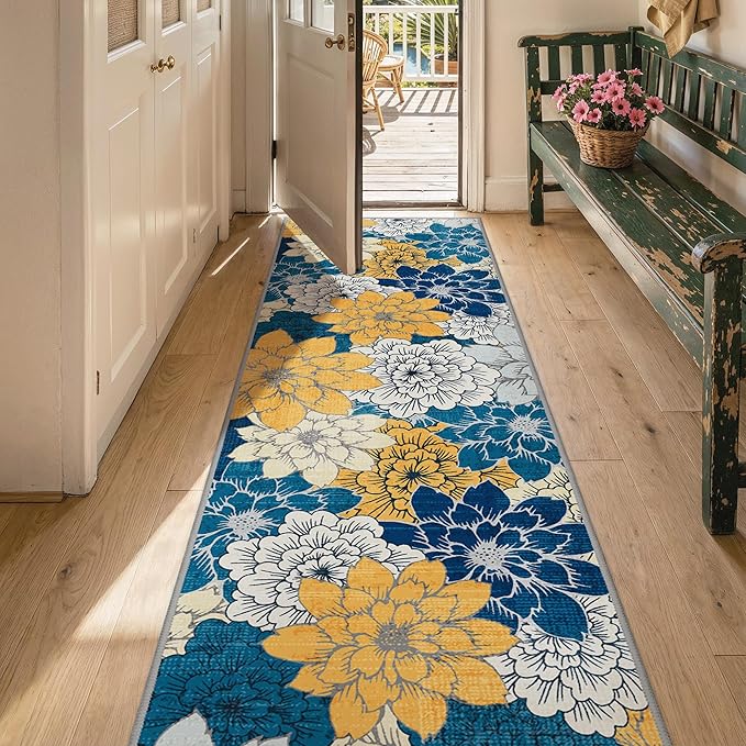 GENIMO 2.5’x8’ Indoor Outdoor Runner Rug for Hallway, Washable Waterproof Bedside Rugs, Non-Slip, Floral Mat Carpet for Patio, Living Room, Bedroom, Balcony, Kitchen, Deck, Porch, Navy Blue
