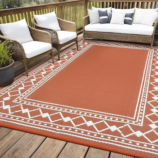 Garvee Outdoor Rug 9x18 ft, Patio Plastic Straw Rug Waterproof Reversible Patio Mat, Large Plastic Straw Rug for RV, Camping, Deck, Balcony, Easy Clean & Portable,Terracotta/White