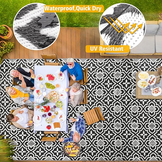 Outdoor Rug 9x18 Waterproof Large Outdoor Rug Camping Rug Reversible Rv Mats Black Gray Outdoor Plastic Straw Rug Tightly Woven Rugs Clean Easily Large Patio Mat for RV, Deck, Camping Rv Essentials