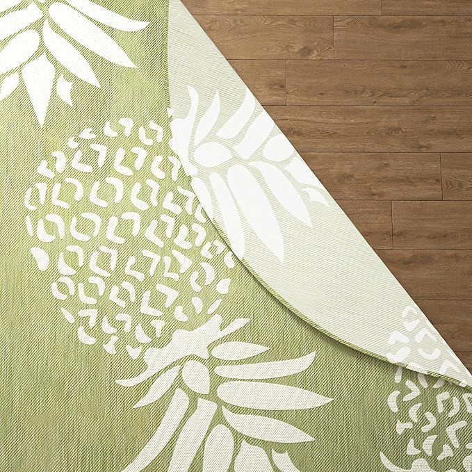 LR Home 8ft Round Indoor/Outdoor Area Rug for Home Decor | Coastal Pineapples Large Size Carpet for Living Room, Bedroom, Playroom, Patio, Garden | Tropical Farmhouse Rug | Dark Green/Beige