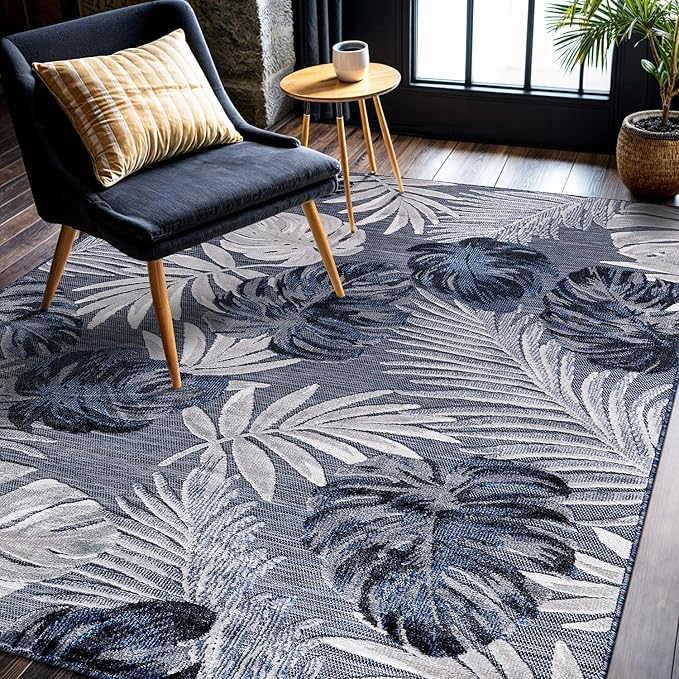 CAMILSON Indoor Outdoor Rug Navy Blue 5x7 Leaf Tropical Botanical Area Rugs for Indoor and Outdoor patios, Easy-Cleaning Non-Shedding Living Room Garden and Kitchen Washable Outside Carpet (5 x 7)