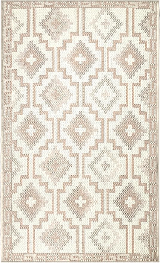 Fab Habitat Boho Vintage Tribal Outdoor Rug - Waterproof, Crease-Free Fade Resistant, Reversible - Recycled Plastic - Patio Porch Balcony Deck Yard Garden - Lhasa Mocha - 4x6 ft