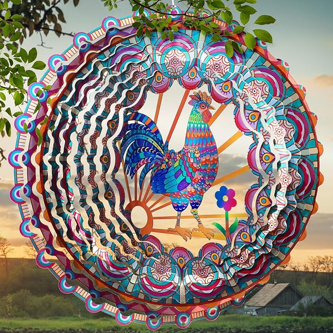 Rooster Kinetic Wind Spinner - 12-Inch 3D Holographic Metal Hanging Sculptures, Rustproof Outdoor Decor Garden Patio Decoration, Unique Gift for Chicken Lovers Mom Dad Men Women