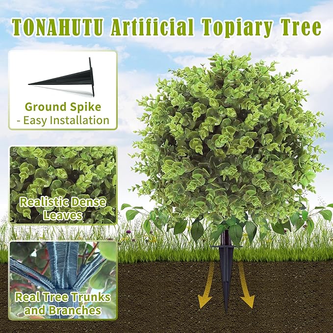 Artificial Topiary Tree with Eucalyptus, Set of 4 UV Resistant Fake Evergreen Shrubs with Ground Spike for Porch, Artificial Plants for Outdoor Indoor Garden Planters, Lifelike Decor