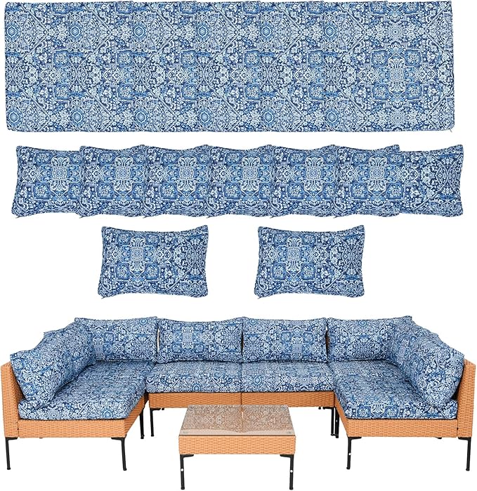 14Piece Outdoor Sofa Cushion Replacement, Patio Furniture Waterproof Cushion with Zippers, fit 6-Seat Outdoor Wicker Rattan Sectional Couch (Blue Charm, 25.6"x25.6"x3.9")