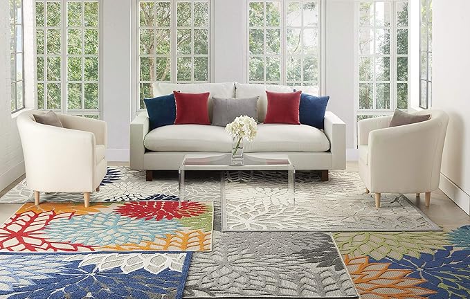 Nourison Home Aloha Indoor/Outdoor Multicolor 5'3" x 7'5" Area Rug, Tropical, Botanical, Easy Clean, Non Shedding, Bed Room, Living Room, Dining Room, Deck, Backyard, Patio (5x7)