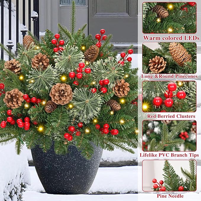 Waipfaru Outdoor Christmas Tree Urn Filler, Prelit Planter Bushes, 22 Inch Lighted Artificial Christmas Tree with Cones & Red Berries for Front Porch Pot Filler Planter Christmas Decorations, 2 Pack