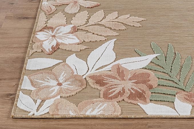 Outdoor Rug 5x7 Washable Area Rugs Indoor Outdoor Carpets Beige Border Floral Non Shedding Waterproof Easy Clean Patio Deck Porch Living Room Bedroom Garden RV (5 X 7 Beige)