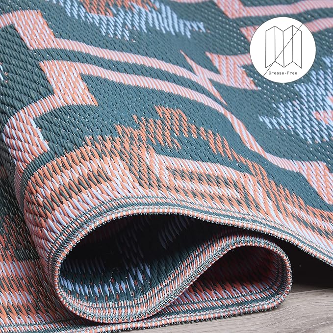 Fab Habitat Outdoor Rug - Waterproof, Fade Resistant, Crease-Free, Reversible - Premium Recycled Plastic - Vintage Boho Kilim - Patio, Porch, Deck, Balcony - Lhasa - Green - 5 x 8 ft