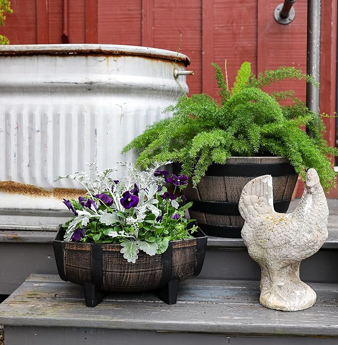 The HC Companies Whiskey Barrel Planter - Faux Wooden Finish Flower Planter Pot - Decorative Garden Pots - Indoor & Outdoor Resin Planters - Weather-Resistant Planting Pots (16" Dark Oak, Pack of 2)