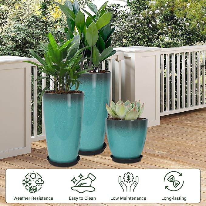 24/21/12 Inch Large Plastic Planter, Lightweight Ceramic-Look Tall Planters with Drain Hole & Saucers, Tall Plastic Planters for Porch, Garden, Patio, Balcony(Sky Blue)