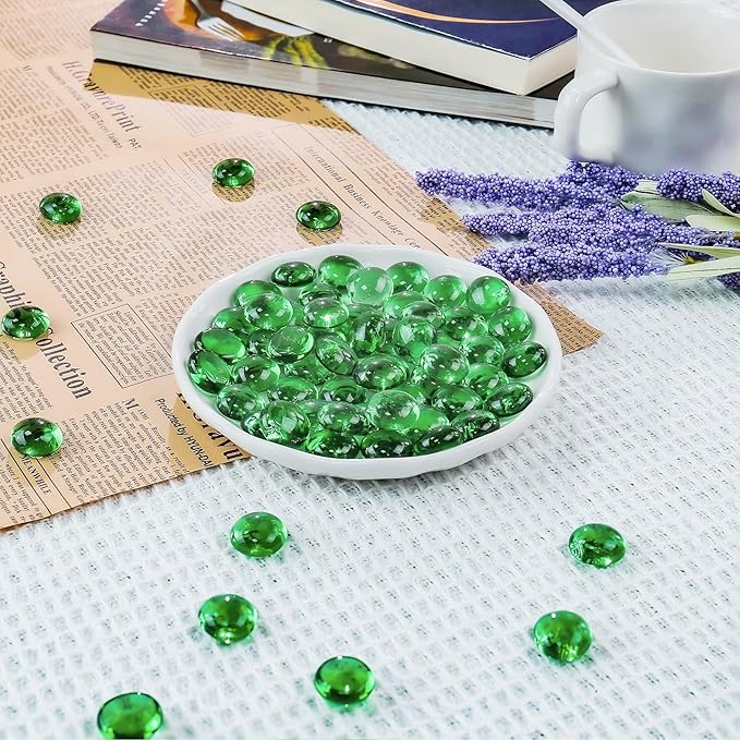 CYS EXCEL Green Glass Gemstone Beads Vase Fillers (1 LB) Flat Marble Beads Multiple Color Choices Aquarium Decor Rocks Floral Stones Decorative Mosaic Glass Gem Pebbles (Approx. 85-100 PCS)