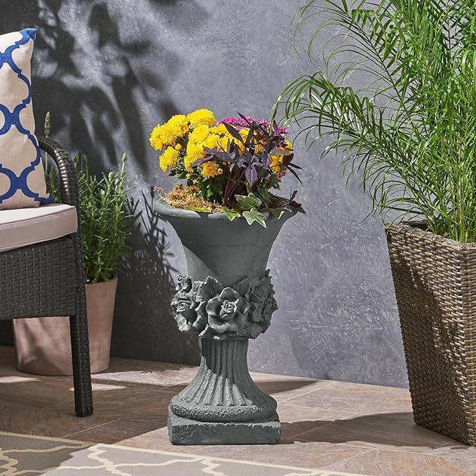 Merax 19.5 Inches Tall MGO Garden Urn Planter, Lightweight Concrete Urn for Flowers, Herbs & Succulents, Indoor & Outdoor Decorative Pot, Antique Gray