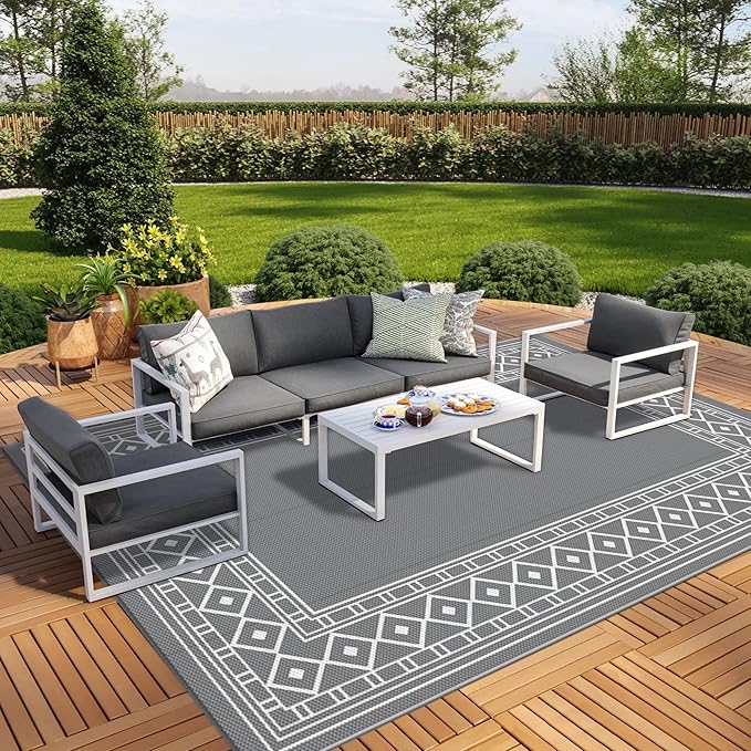 GENIMO Outdoor Rug Waterproof for Patio Decor, 10'x20' Foldable Reversible Plastic Straw Carpet, Outside Area Mat for Rv, Deck, Picnic, Porch, Camper, Balcony, Beach, Grey & White