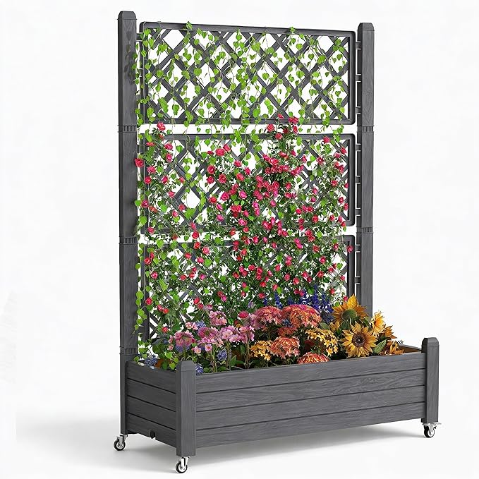 Elevated Raised Garden Bed with Trellis, 21 Gallon Self-Watering Outdoor Resin Planter Box with Lockable Wheels Drain Plug & Water Monitor for Plants Vegetables Flowers Fruits (Black)