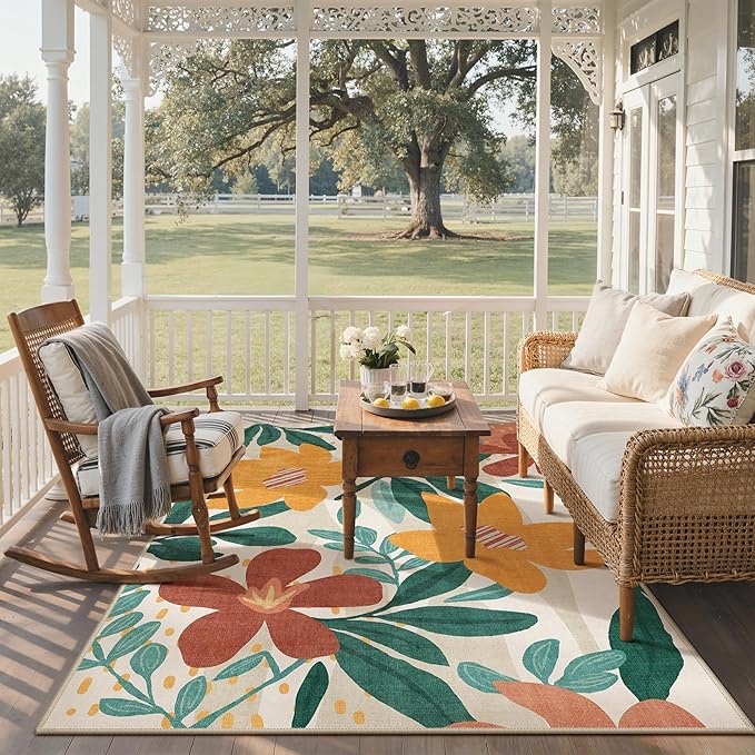 GENIMO Indoor Outdoor Area Rug 5'x8', Machine Washable Rugs for Patio, Waterproof, Non-Slip Easy Cleaning Floral Outdoor Mat Carpet for Living Room, Bedroom, RV, Balcony, Deck, Camping,Sage Orange