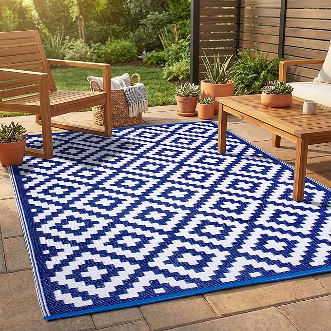 FH Home Outdoor Rug - Waterproof, Fade Resistant, Reversible - Premium Recycled Plastic - Geometric - Porch, Deck, Balcony, Mudroom, Laundry Room, Patio - Aztec - Blue & White Crease Free - 3 x 5 ft