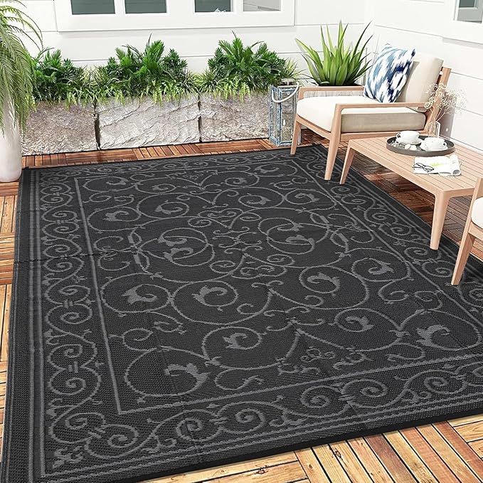 MilleLoomi 9x12 Outdoor Rug Waterproof Foldable Plastic Straw Carpet for Patio Porch Vintage Reversible Mat Lightweight Floor Mat for Picnic, Backyard, Rv, Beach, Deck, Camper, Balcony，Black Grey