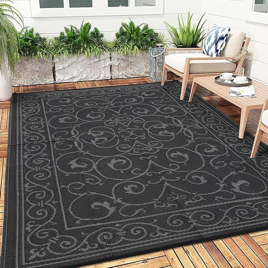MilleLoomi 9x12 Outdoor Rug Waterproof Foldable Plastic Straw Carpet for Patio Porch Vintage Reversible Mat Lightweight Floor Mat for Picnic, Backyard, Rv, Beach, Deck, Camper, Balcony，Black Grey