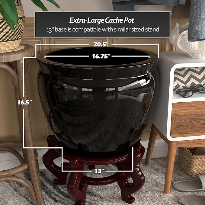 Red Lantern Large 20" Porcelain Fishbowl Black Planter or Cachepot for Indoor/Outdoor Use in Garden Entryway Living Room Boho Eclectic Modern Contemporary Classic Traditional Style Decor