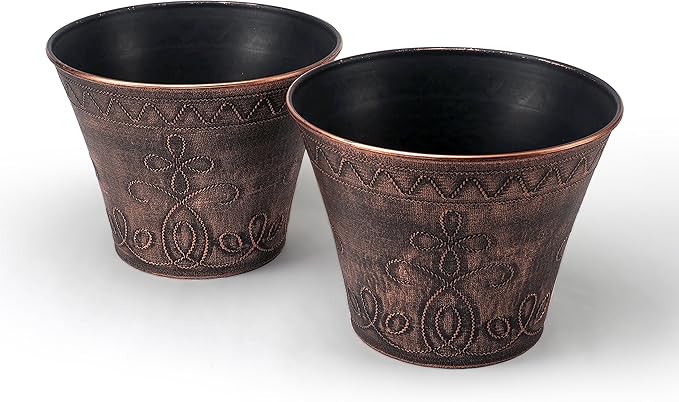 Large Fancy Decorative Planter (2 Pack) Rustic French Country Look Flowerpot Nursery Pot for Indoor, Outdoor, Garden, Patio, Office, Home Decor Use. Long Lasting, Reusable Light Weight (Copper-L)