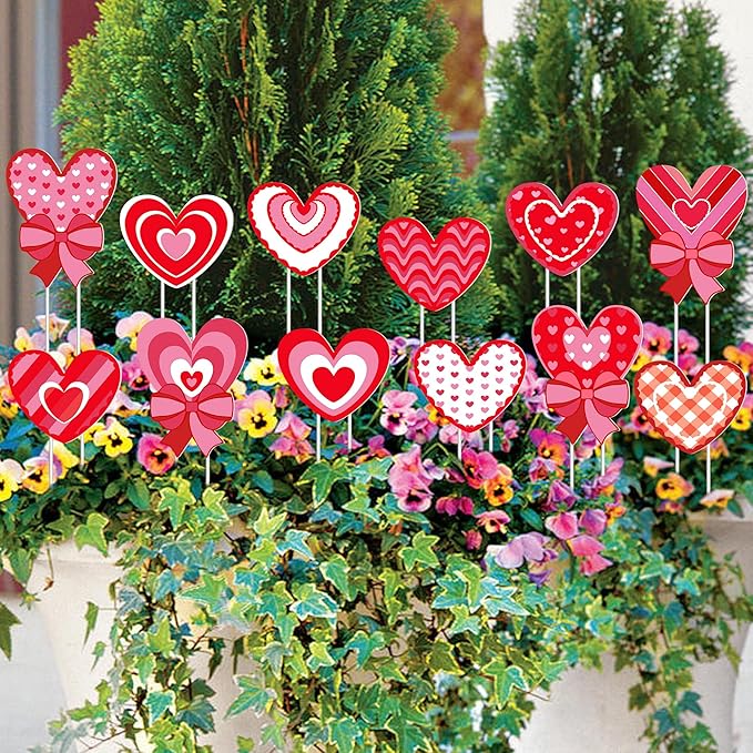 Iceyyyy 12 Pcs Valentine’s Day Heart Shape Planter Stakes-14.6 Inch Heart Decorative Graden Yard Stakes-Valentines Plant Yard Signs for Home Anniversary Party Outdoor Lawn Decor