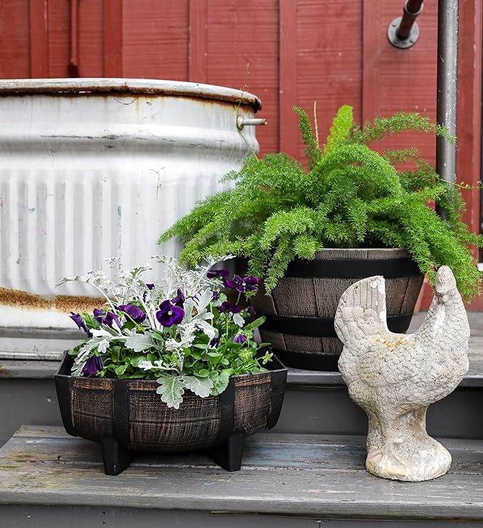 The HC Companies Whiskey Barrel Planter - Faux Wooden Finish Flower Planter Pot - Decorative Garden Pots - Indoor & Outdoor Resin Planters - Weather-Resistant Planting Pots (20" Dark Oak, Pack of 2)