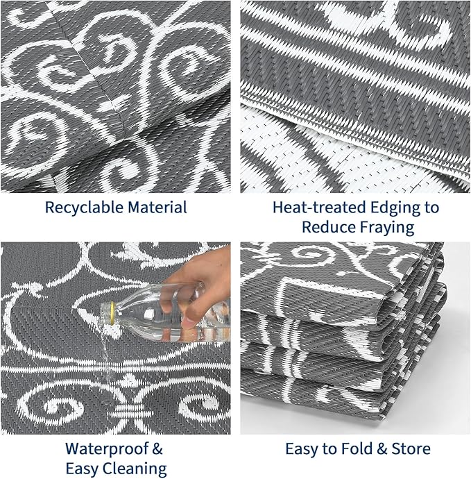 MilleLoomi Waterproof Plastic Straw Outdoor Rug 9x18 Patio Reversible UV Resistant Foldable Camping Carpet Vintage Large Outdoor Rugs for Deck, Picnic, Porch, Camper, Balcony, Beach，Grey
