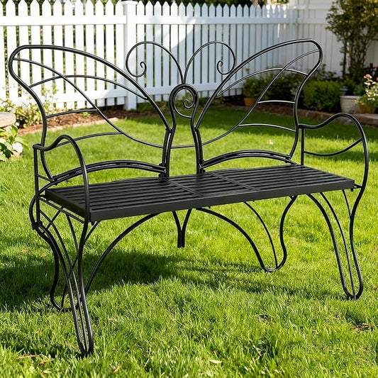 Outdoor Bench Patio Outdoor Garden Bench with Built-in Table, Butterfly Bench for Outside, 3 People Outdoor Bench Garden Bench Front Porch Furniture (Black, 49.2inch)