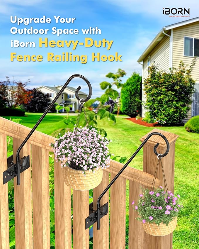 iBorn Fence Deck Hook Rail Hook Heavy Duty Bird Feeder Pole 13 Inch Solid Wire Deck Hanger Suitable for Hanging Flower Baskets Wind Chimes Planters Bird Feeders Lights, 180 Degree Swivel, 2 Pack