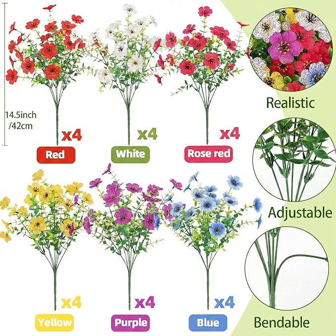 Artificial Spring Flowers Outdoor Faux Plants UV Resistant Fake Patio Flowers Plastic Greenery Plnats Outside Bulk for Spring Garden Hanging Planter Home Vase Decor, 24 Bundles (Multicolor)