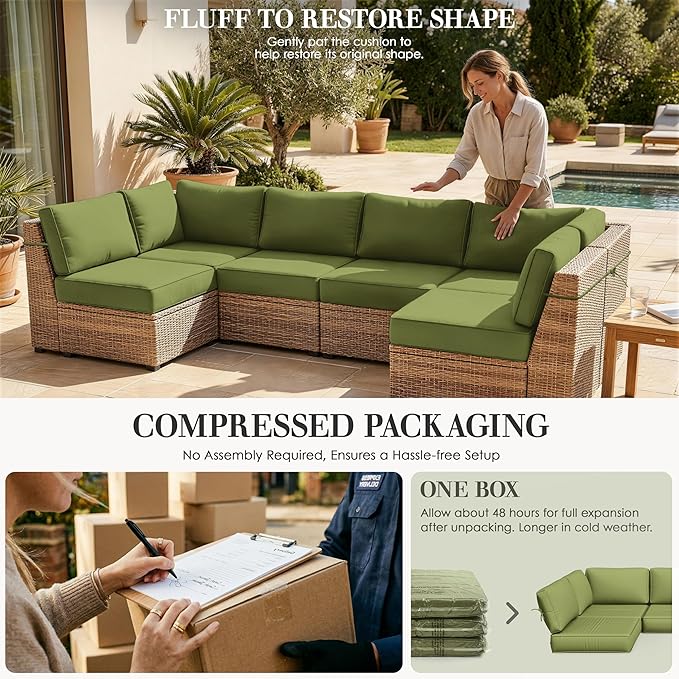 Outdoor Replacement Cushions for Patio Furniture, 5" Foam High-Density, 14-Piece Water-Resistant Outdoor Cushion for 6-Seat Sectional Patio Conversation Sets, Liner&Cover