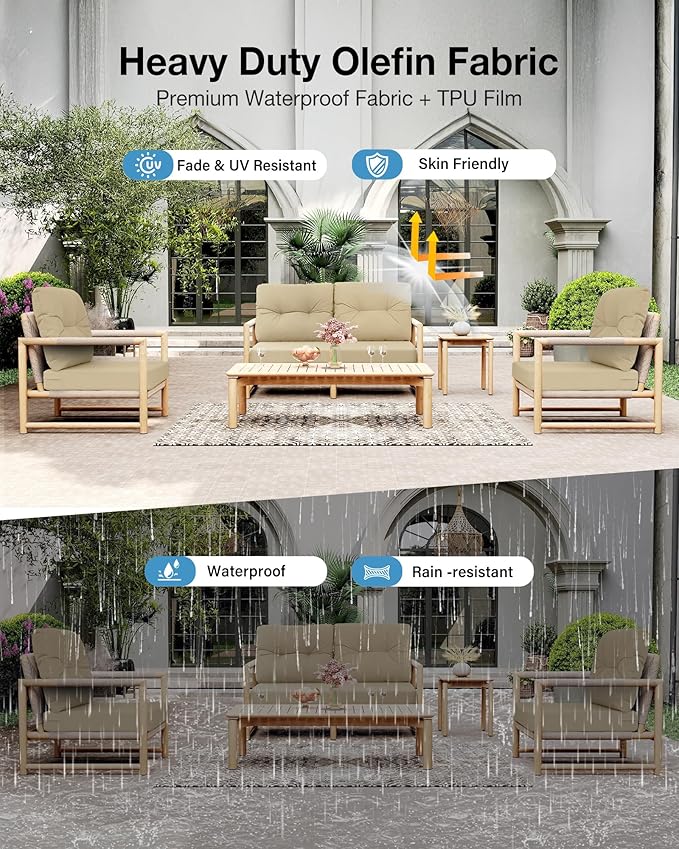 YEFU Outdoor Cushions for Patio Furniture: Waterproof Fade-Resistant Outdoor Chair Cushions Set of 4 - Deep Seat Patio Cushions Replacement with Ties for Chair Sofa Couch - 24 x 24 Inch(Beige)