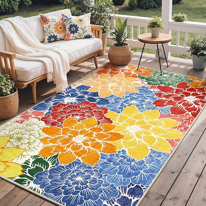 GENIMO Indoor Outdoor Area Rug 4'x6', Machine Washable Rugs for Patio, Waterproof, Non-Slip Easy Cleaning Floral Outdoor Mat Carpet for Living Room, Bedroom, RV, Balcony, Deck, Camping, Colorful