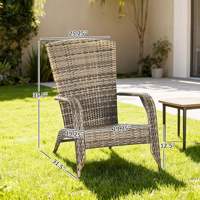 Outsunny Patio Wicker Adirondack Chair, Outdoor All-Weather Rattan Fire Pit Chair w/Soft Cushions, Tall Curved Backrest and Comfortable Armrests for Deck or Garden, Mixed Tan/Dark Gray