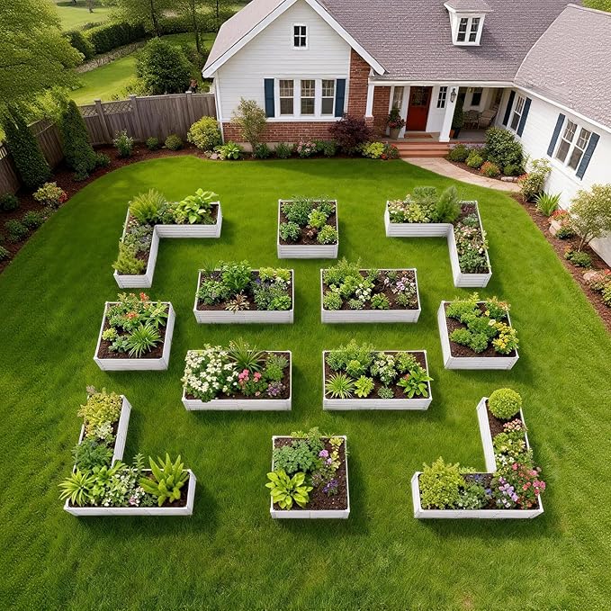A ANLEOLIFE 12-Piece 18 Inch Tall Raised Garden Beds Kit, L-Shaped, Square & Rectangular Metal Planters for Flexible Backyard Layouts, Antique White