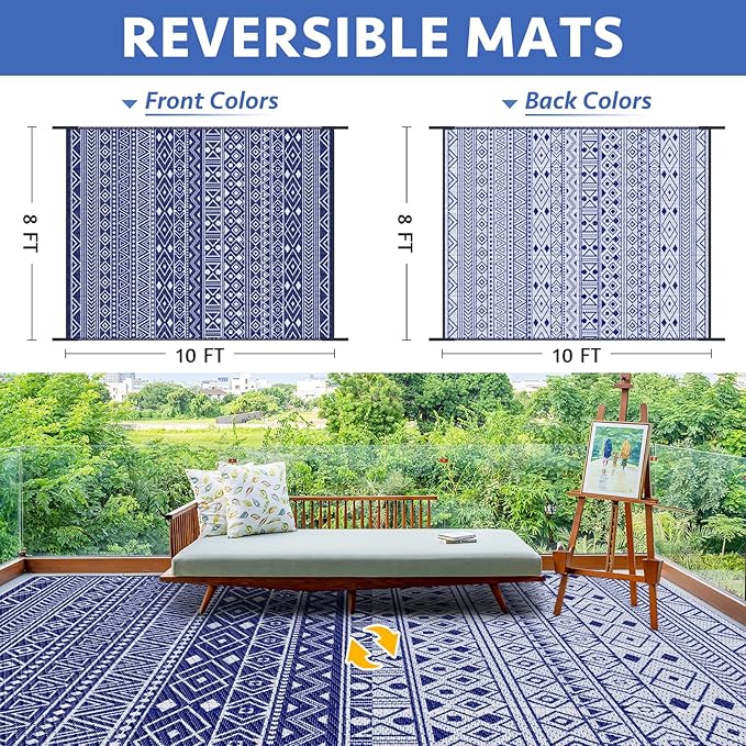 StepLively Outdoor Rug 8x10 ft, Reversible Waterproof Outdoor Plastic Straw Rug, Patio Rug Waterproof, Outdoor Large Area Rug for RV, Camping, Garden, Porch, All-Weather & Easy to Clean(Blue)
