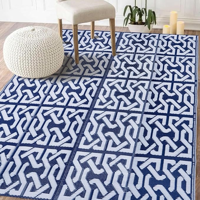 SAND MINE Reversible Mats, Plastic Straw Rug, Modern Area Rug, Large Floor Mat Rug for Outdoors, RV, Patio, Backyard, Deck, Picnic, Beach, Trailer, Camping, Dark Blue & White, 5' x 8'